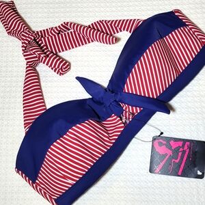 POR LLANA THOMAZ Rio De Jenairo  Red and Blue Striped Bandeau Halter Bikini Top